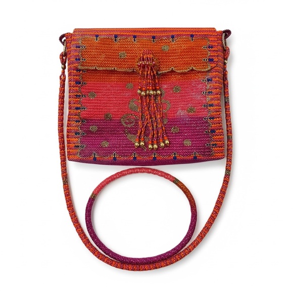 Vintage Handbags - Vintage Boho Colorful Beaded Fringe Evening Cocktail Bag Flap Crossbody